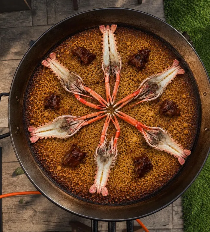 Langoustine and pig's trotter rice, with the langoustines arranged in a star